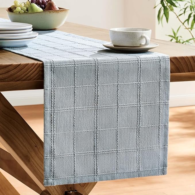 ZeeMart Linen Checked Farmhouse Table Runner, 13x36 Inches Chambray | Raised Grid Design, Rich Woven Texture, Linen Blend Table Runners 36 Inches Long, Machine Washable, Boho Home Kitchen Decor