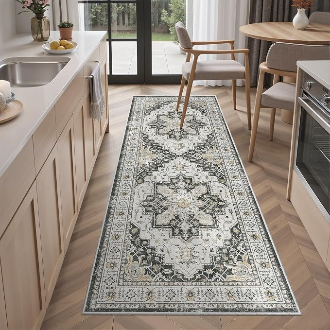Madane Hallway Runner Rug 2x5 Washable Entry Rugs Non-Slip, Black | Vintage Printed Low-Pile Kitchen Runners, Soft Low-Pile Stain-Resistant Throw Carpet for Bedroom Entrance Laundry Room 2'x5'