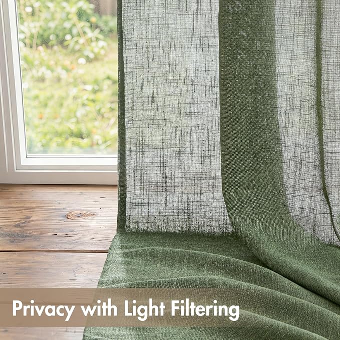 MIULEE Olive Green Back Tab Linen Curtains 4 Panels 42W x 102L | Linen material, light filtering, rod pocket back tab hanging, farmhouse decor for living room bedroom