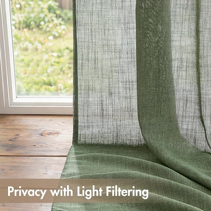 MIULEE Olive Green Back Tab Linen Curtains 4 Panels 42W x 96L | Linen material, light filtering, rod pocket back tab hanging, farmhouse decor for living room bedroom