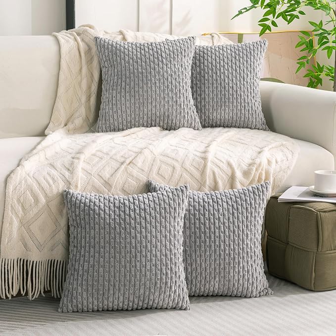 Set of 4 Grey Decorative Throw Pillow Covers 26x26 Inch Corduroy Pillow Covers for Bed Couch Sofa Living Room Soft Square Cushion Cases