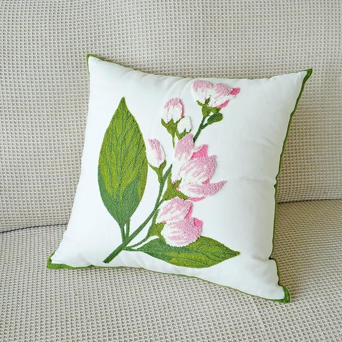 vctops Farmhouse Hibiscus Flowers Cotton Tufted Throw Pillow Cover Spring Floral Embroidery Pillowcase Soft Square Cushion Case for Sofa Couch Bed Chair (Pink F,18"x18")