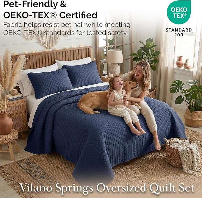 Southshore Fine Living, Inc. Lightweight Quilt King Size Bedding Set, Pet Hair Resistant Bedding Oversized King Size Quilt Coverlet Set w/2 Shams, Blue Coverlet Quilted Bedspread, Dark Blue Quilts