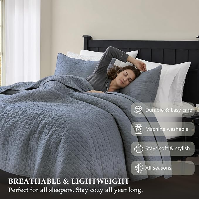palassio Blue Grey 100% Cotton Quilt King Size Bedding Sets with 2 Pillow Shams, Textured Lightweight Soft Bedspread Shabby Chic Coverlet, Quilted Comforter Bed Cover for All Season, 3 Pieces