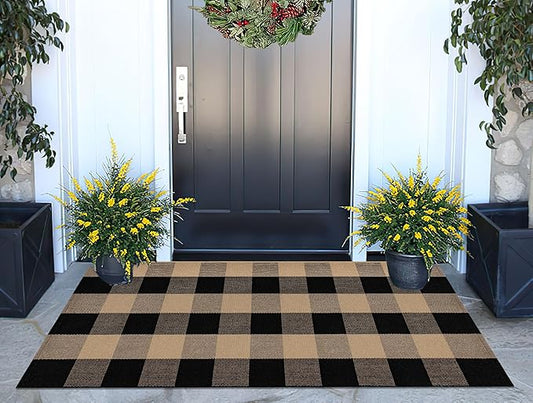 Front Porch Rug 24''x51'' Black and Tan Checkered Outdoor Rug Cotton Washable Front Door Mat Outdoor for Layered Doormat,Bedroom,Farmhouse,Entryway,Patio