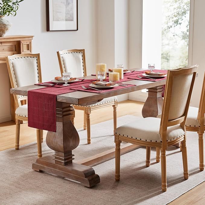 ZeeMart Linen Checked Farmhouse Table Runner, 13x108 Inches Burgundy | Raised Grid Design, Rich Woven Texture, Linen Blend Table Runners 108 Inches Long, Machine Washable, Boho Home Kitchen Decor