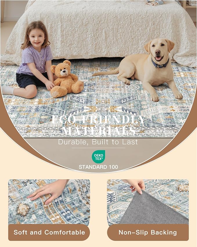 Madane Hallway Runner Rug 2x8 Washable Kitchen Rugs Non-Slip, Blue/Gold | Vintage Machine Washable Low-Pile Floor Carpet 8ft, Soft Ultra-Thin Throw Entry Foyer Mat for Entrance Laundry Living Room