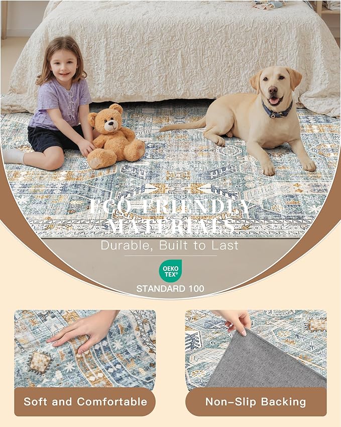 Madane Washable Runner Rug 2x6 Runners for Hallways Non Slip, Blue/Gold | Vintage Stain-Resistant 6 Feet Kitchen Rug, Soft Low-Pile Ultra-Thin Floor Carpet Mat for Bathroom Laundry Room Bedroom 2x6ft