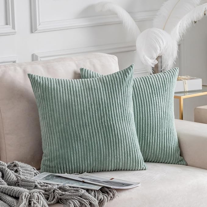 Home Brilliant Pillow Covers 20x20 inch Solid Supersoft Corduroy Stripes Square Throw Pillows for Couch Decor, 50x50cm, 20 x 20 Inch, Iceburg Green