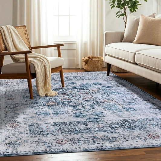 Machine Washable Area Rug, Soft & Durable, Non-Slip, Stain Resistant Rug for Bedroom, Living Room, Dining Room, High Traffic Areas. (Blue/Coral, 3' X 5')