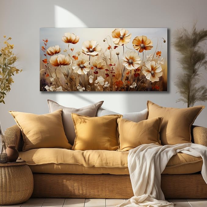 DNIEOTU Flower Wall Art for Living Room, Floral Canvas Wall-Decor for Bedroom, Beige and Brown Picture Prints for Hallway Office, Size 40 x 20 Inches