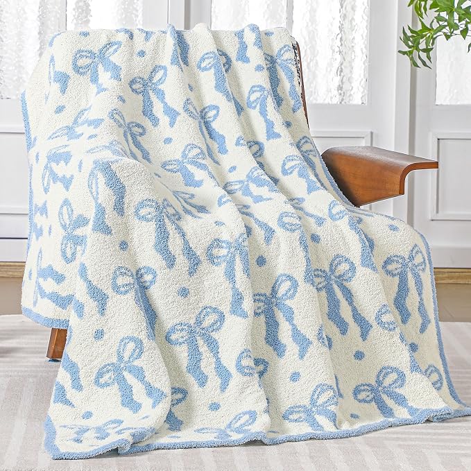 Buryeah Blue Bow Blanket Soft Microfiber Double Sided Bow Throw Blanket 50"x 60" Coquette Aesthetic Dormitory Room Decor Plush Sofa Chair Bedding Stuff for Women, Christmas Fall Thanksgiving Gifts