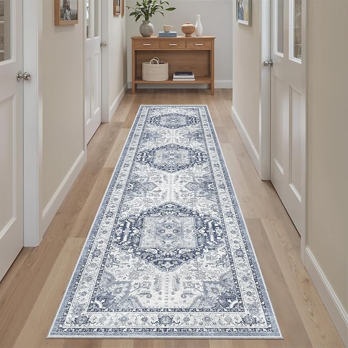 Madane Hallway Runner Rug 2x8 Washable Kitchen Rugs Non-Slip, Navy/White | Vintage Machine Washable Low-Pile Floor Carpet 8ft, Soft Ultra-Thin Throw Entry Foyer Mat for Entrance Laundry Living Room