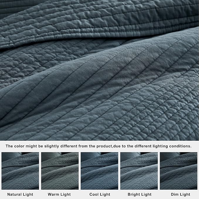 PALASSIO Striped Blue Grey 100% Cotton Quilt California Cal King Size Bedding Sets, Oversized Lightweight Channel Pick Stitch Textured Bedspread Soft Farmhouse Country Coverlet for All Season, 2 Shams