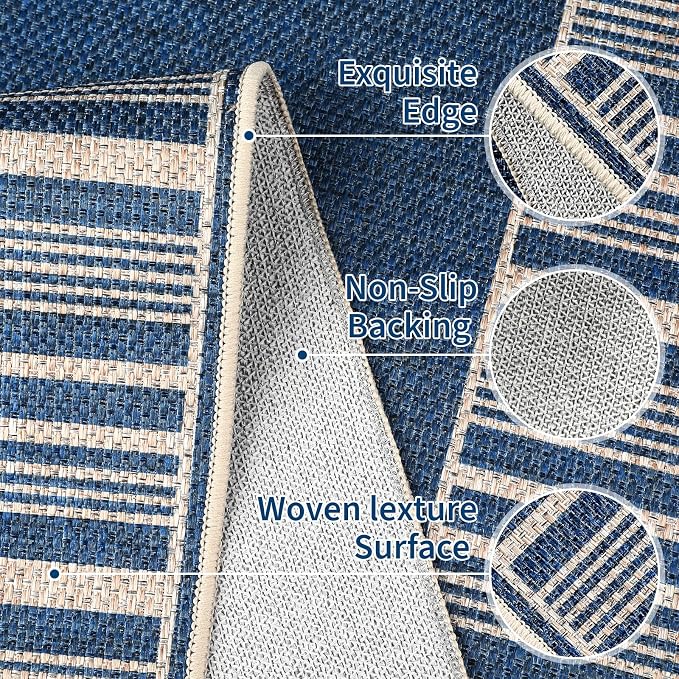 COZYLOOM 9x12 Indoor Outdoor Rugs Machine Washable Area Rugs for Living Room, Non Slip Non Shedding Bordered Easy Jute Rug Stain Resistant Modern Striped Carpet for Bedroom, Patio, Backyard, Blue