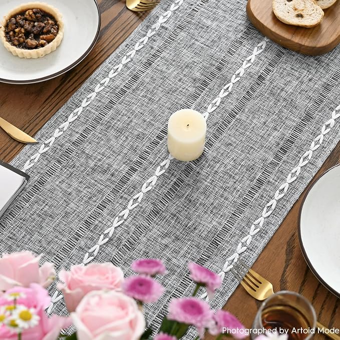 Artoid Mode Dark Grey Rustic Cotton Linen Table Runner, Seasonal Embroidered Hollow Kitchen Dining Table Decoration for Home Party Decor 13x108 Inch