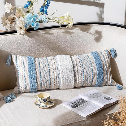 BlissBlush 14x36 Lumbar Pillow Cover for Bed, Rectangular Long Decorative Throw Pillowcase, Boho Accent Cushion with Blue Tufted Pattern and Tassels, Cream Neutral (Cover Only)