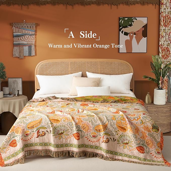Phuryllic Boho Throw Blanket Twin Size, Soft Cozy Cotton Muslin Quilt Blanket for Bed Decor, Floral Patterned Couch Sofa Chair Cover, Vintage Farmhouse Cottage Tapestry Woven Blanket, Coral&Green