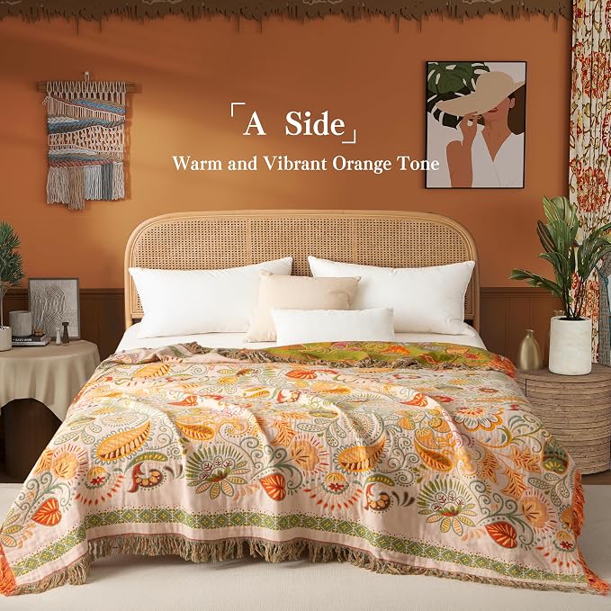 Phuryllic Boho Throw Blanket Full Size, Extra Large Soft Cozy Cotton Muslin Quilt Blanket for Bed Decor, Floral Patterned Couch Sofa Chair Cover, Vintage Farmhouse Cottage Woven Blanket, Coral&Green