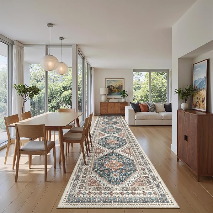 Madane Hallway Runner Rug 2'6''x14' Kitchen Runners Vintage, Navy Blue | Long Non-Slip Washable Rugs 14ft for Laundry Room, Entryway and Bedroom, Soft Low Pile Stain-Resistant 2.5x14 Ft Floor Carpet