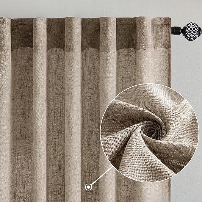 MIULEE Taupe Grey Linen Curtains 52x96 Inches Long 2 Panels for Bedroom | Living Room,Linen Textured Window Drapes,Semi Sheer Light Filtering,Back Tab Rod Pocket,Farmhouse Modern Burlap Look Decor
