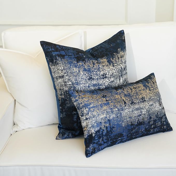 THE-TINOART Coastal Throw Pillow Covers 22x22, Navy Blue and Gold Jacquard Woven Decorative Pillow Covers for Couch Sofa Bed, Nautical Textured Home Decor