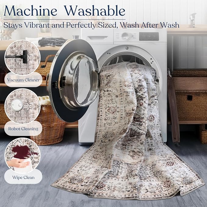 Machine Washable Area Rug, Soft & Durable, Non-Slip, Stain Resistant Rug for Bedroom, Living Room, Dining Room, High Traffic Areas. (Beige/Brown, 2.5' X 7')