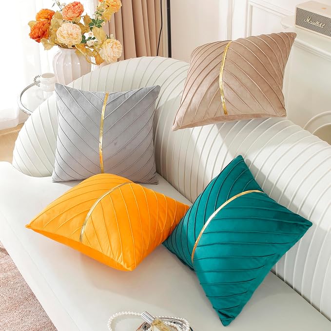 TAOSON Beige Gold Leather Velvet Throw Pillow Covers, 18"x18", Pack of 2 | Gold Leather Decorative, Cushion Cases, Spring Summer, Sofa Couch Living Room Décor