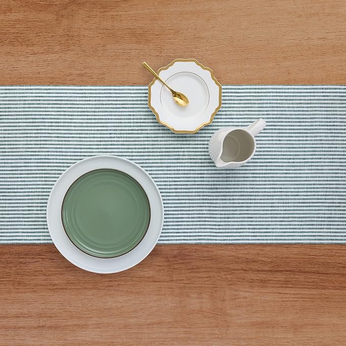 Solino Home 100% Linen Table Runner, 14 x 36 in, Rainforest, Narrow Stripe | styles dining tables for meals and celebrations, woven stripe, European flax fibres, easy to care for, OEKO-TEX Certified