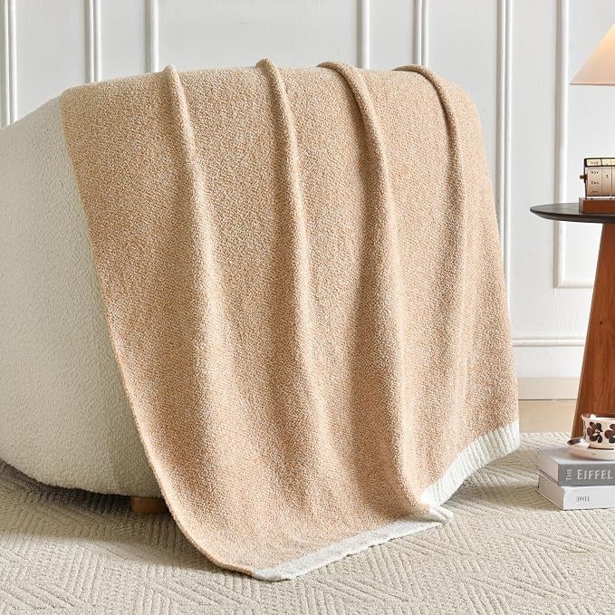 Chunky Knit Boucle Throw Blanket, Soft Washable Coastal Blanket for Bed Couch, Lightweight Cozy Oversized Feather Knit Blanket Indoor Outdoor for Sofa (Beige, Throw 50"x60")