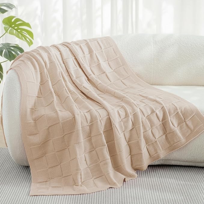 Whale Flotilla Checkered Knit Throw Blanket for Couch, Camel | Soft Decorative Knitted Blankets for Couch Sofa Bed, Lightweight Cozy Throws for Spring Summer, 50x60 Inch