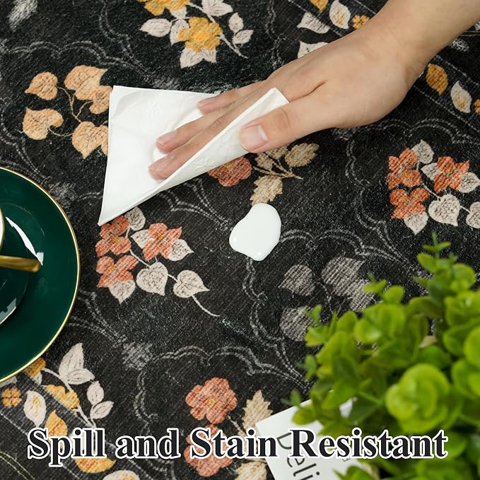 Washable Kitchen 2x10 Runner Rug: Non-Slip Long Hallway Entryway Rugs Indoor Low Pile Carpet for Bedroom Laundry Stain Resistant Vintage Soft Thin Floor Decor Mat for Bathroom (Floral/Black,2x10)