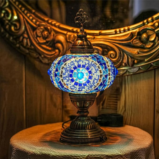 Turkish Lamp, Mosaic Table Lamp, Antique Moroccan Decorative Glass Bohemian Vintage Lamp Shade, Small Desk Tiffany Bedside Stained Glass Lamp with US Plug and E12 Socket