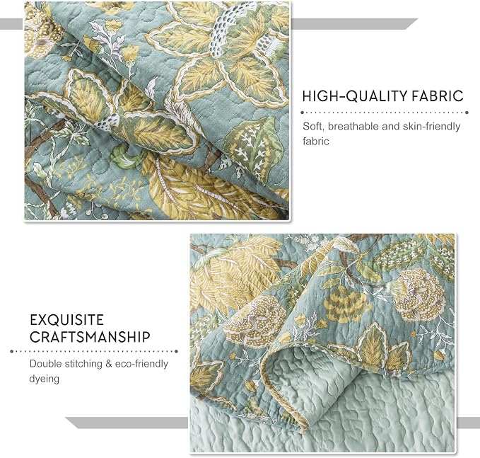 Travan 3-Piece Quilt Set Quilted Bedspread Cotton Coverlet Set Floral Printed Oversized Quilted Bedding Set with Shams for All Season, Green Vine, Queen Size