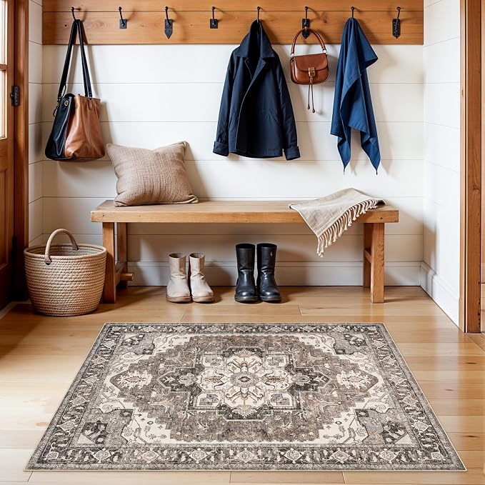 RUUGME Washable 3x4 Entryway Rug - Vintage Low Pile Area Rugs Non-Slip Stain Resistant Carpet for Entrance Kitchen Hallway Soft Thin Indoor Floor Decor Mat for Bedroom Front Door Bathroom(Beige,3x4)