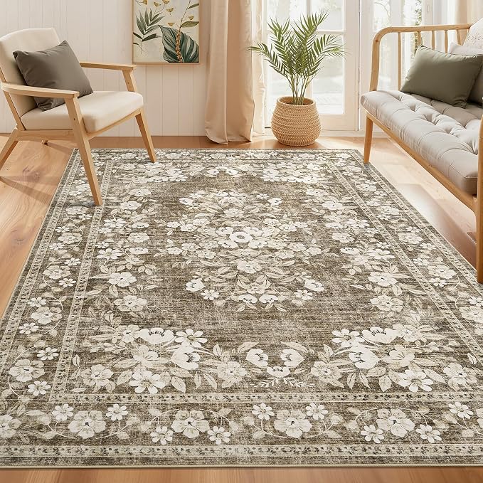 GarveeHome 3x5 Area Rug for Bedroom Vintage Floral Bordered Floor Carpets | Flower Leaf Accent Mat for Dining Room Machine Washable Non-Slip Low Pile Brown Area Rug for Living Room Hallway Entryway
