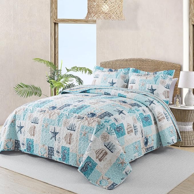 NEWLAKE Quilt Bedspread Sets - West Coastal Pattern Reversible Coverlet Set, King Size