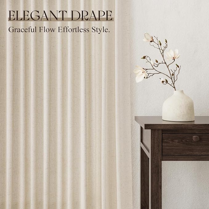 Jowels Beige Linen Curtains 84 Inch Long 2 Panels for Living Room | Tan Flax Light Filtering Sheer Curtain,Back Tab Pocket Pleated Look,Farmhouse Textured Privacy Drapes for Bedroom Window