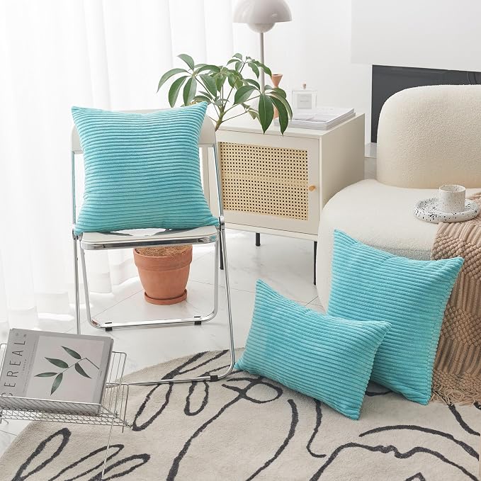 Home Brilliant Teal Throw Pillow Covers Pack of 2 Supersoft Striped Textured Velvet Corduroy Decorative Throw Pillow Cases Throw Pillows for Bed, 50x50 cm, 20 x 20 Inch, Teal