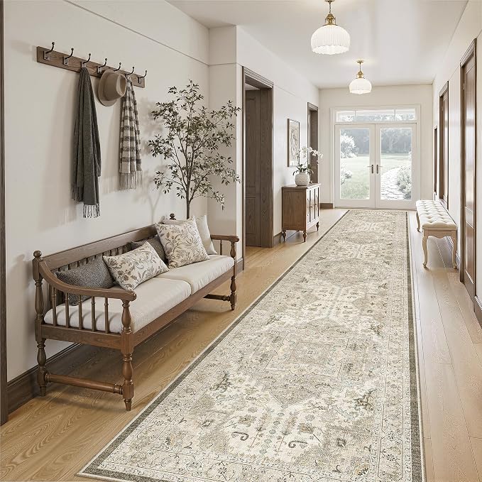 Madane Hallway Runner Rug 2'6''x14' Kitchen Runners Vintage, Ivory/Brown | Long Non-Slip Washable Rugs 14ft for Entryway Laundry and Bedroom, Soft Low Pile Stain-Resistant 2.5x14 Ft Floor Carpet