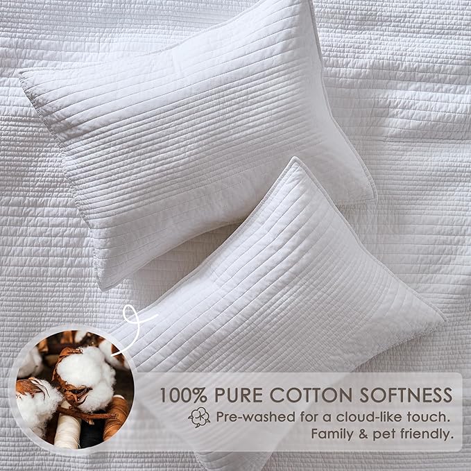palassio Striped White 100% Cotton Quilt Twin Size Bedding Sets, Lightweight Crinkly Channel Pick Stitch Textured Bedspread Soft Shabby Chic Farmhouse Country Coverlet for All Season, 1 Sham