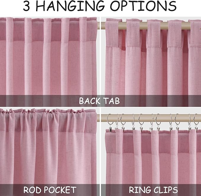 Rose Linen Curtains 108 Inches Long 2 Panels Set with Back Tab Loop Pocket Light Filtering Semi Sheer Boho Decor Extra Long Drapes for High Ceiling Living Room 52x108