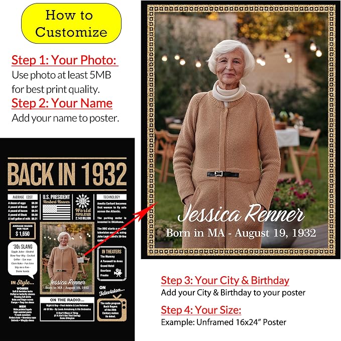 Personalized 93rd Birthday Party Decorations Men, Women, Him, Her - Custom Gifts Idea For 93 Years Old, Back In The Year You Born Newspaper For 93rd Birthday Poster No Frame Black Gold