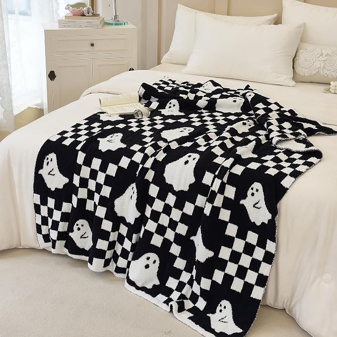 Ultra Soft Cozy Checkered Ghost Halloween Knitted Baby Blanket Fluffy Microfiber Checkerboard Bed Blanket Lightweight Both Sides t for Couch Sofa Bed 30"X40"Black