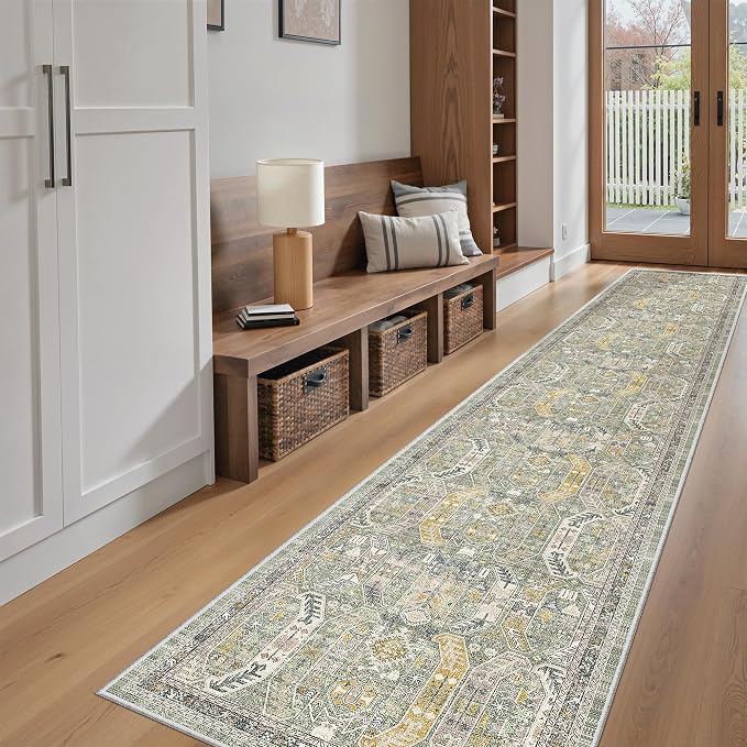 Madane Washable Runner Rugs 2x12 Long for Hallway Kitchen Soft, Green/Gold | Non-Slip Vintage Printed 12ft Rug Runners with Rubber Backing, Low-Pile Floor Carpet Laundry Room Entryway, Corridor