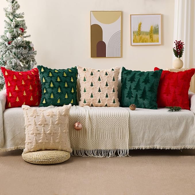 Allorry Christmas Pillow Covers 18x18 Set of 2 Red Double Xmas Tree Pillow Covers Soft Plush Faux Fur Christmas Decorations for Xmas Winter Holiday Home Bedroom Sofa Cushion Cases PT-008B18