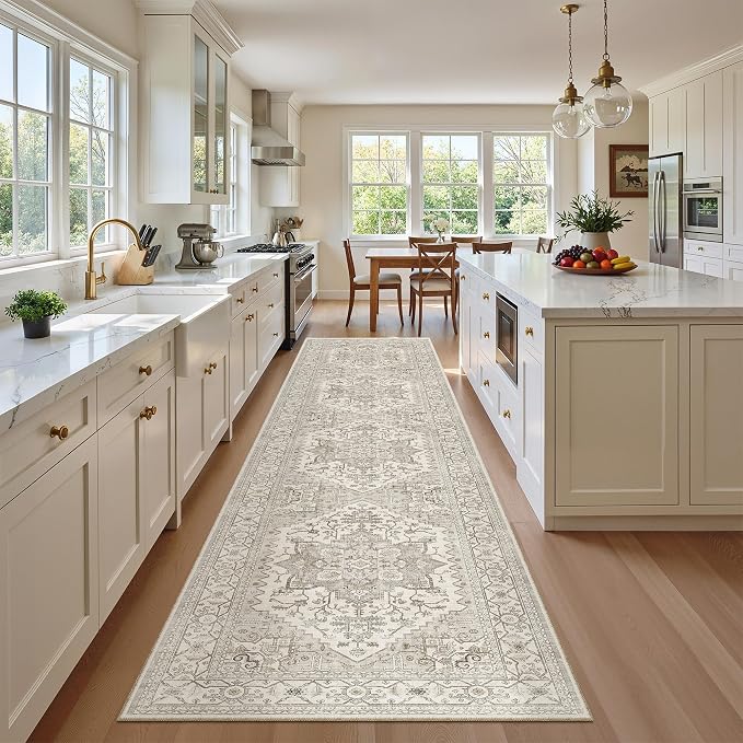 Madane Hallway Runner Rug 2'6''x12' Kitchen Runners Vintage, Beige/Brown | Non-Slip Washable Rugs 12ft for Laundry Room, Entryway and Bedroom, Soft Low Pile Stain-Resistant Wide 2.5x12 Ft Floor Carpet