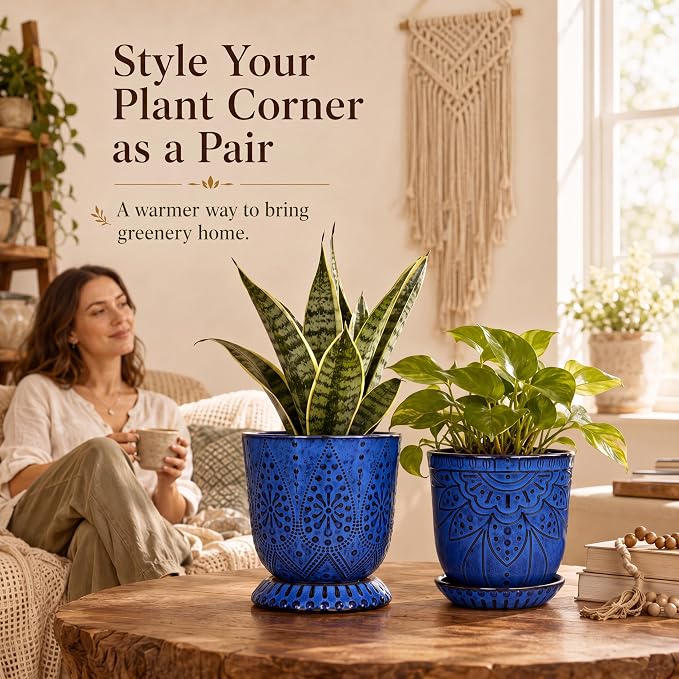 Gepege Ceramic Plant Pots, 6 Inch Indoor Planters with Drainage & Saucers | Ceramic pots for plants with drainage holes, ceramic saucers and mesh pads, ideal for flowers, herbs and succulents, set of 2