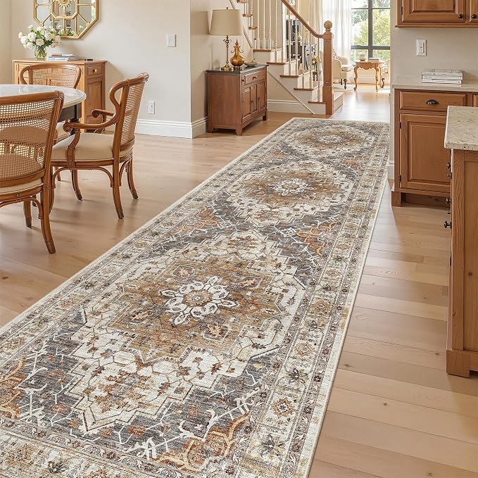 Madane Hallway Runner Rug 3x10 Washable Kitchen Runners 10ft, Turmeric/Grey | Vintage Non-Slip Entryway Area Rugs Indoor, Soft Low-Pile Farmhouse Wide Floor Carpet for Bathroom Living Room Bedroom Foyer
