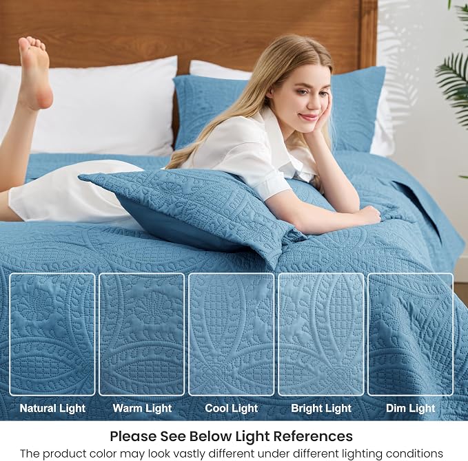 Love's cabin Quilts for Queen Bed Misty Blue Bedspreads Bedding Set - Lightweight Bedspread Comforter - Coin Pattern Bedding Coverlet for All Season - 3 Pieces (1 Quilt, 2 Pillow Shams)
